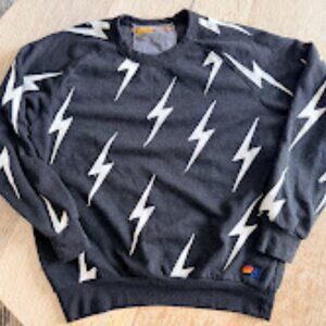 Aviator Nation Charcoal Black Bolt Stitch White Lightning Crewneck Sweatshirt M